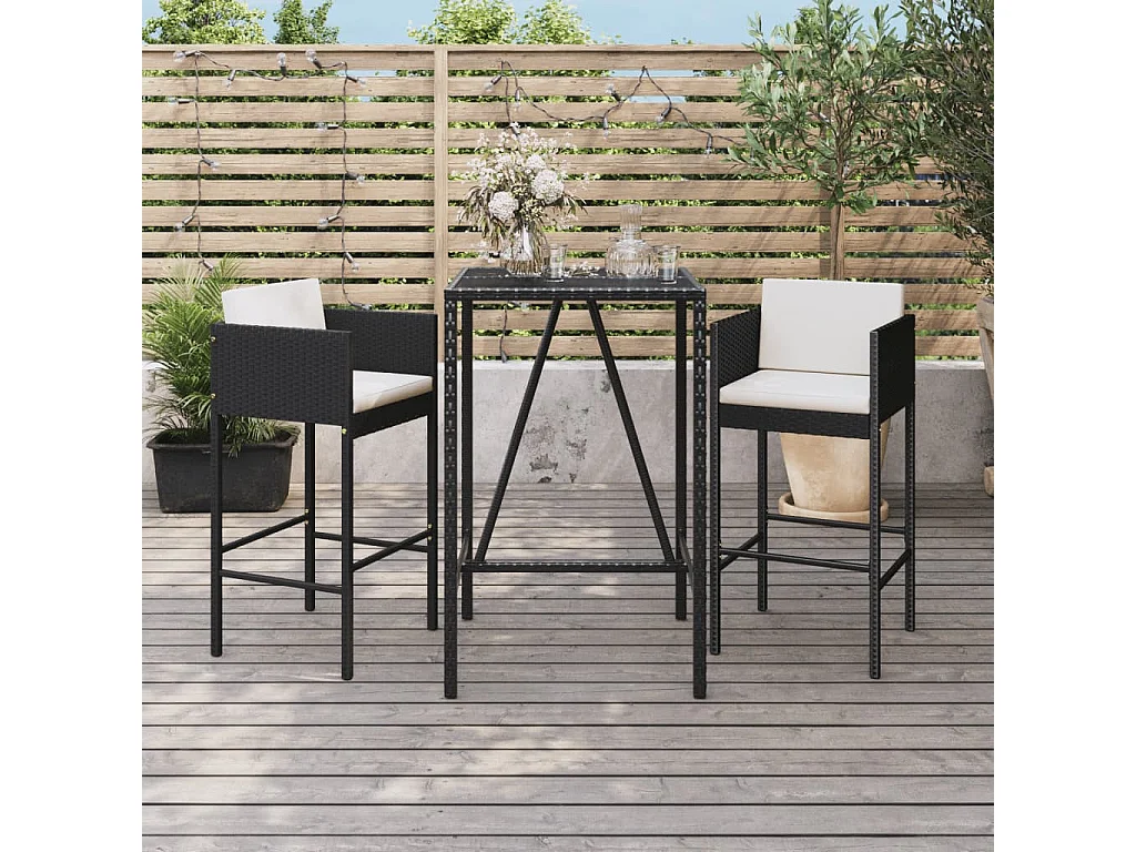 3 pcs conjunto de bar para jardim c/ almofadões vime PE preto