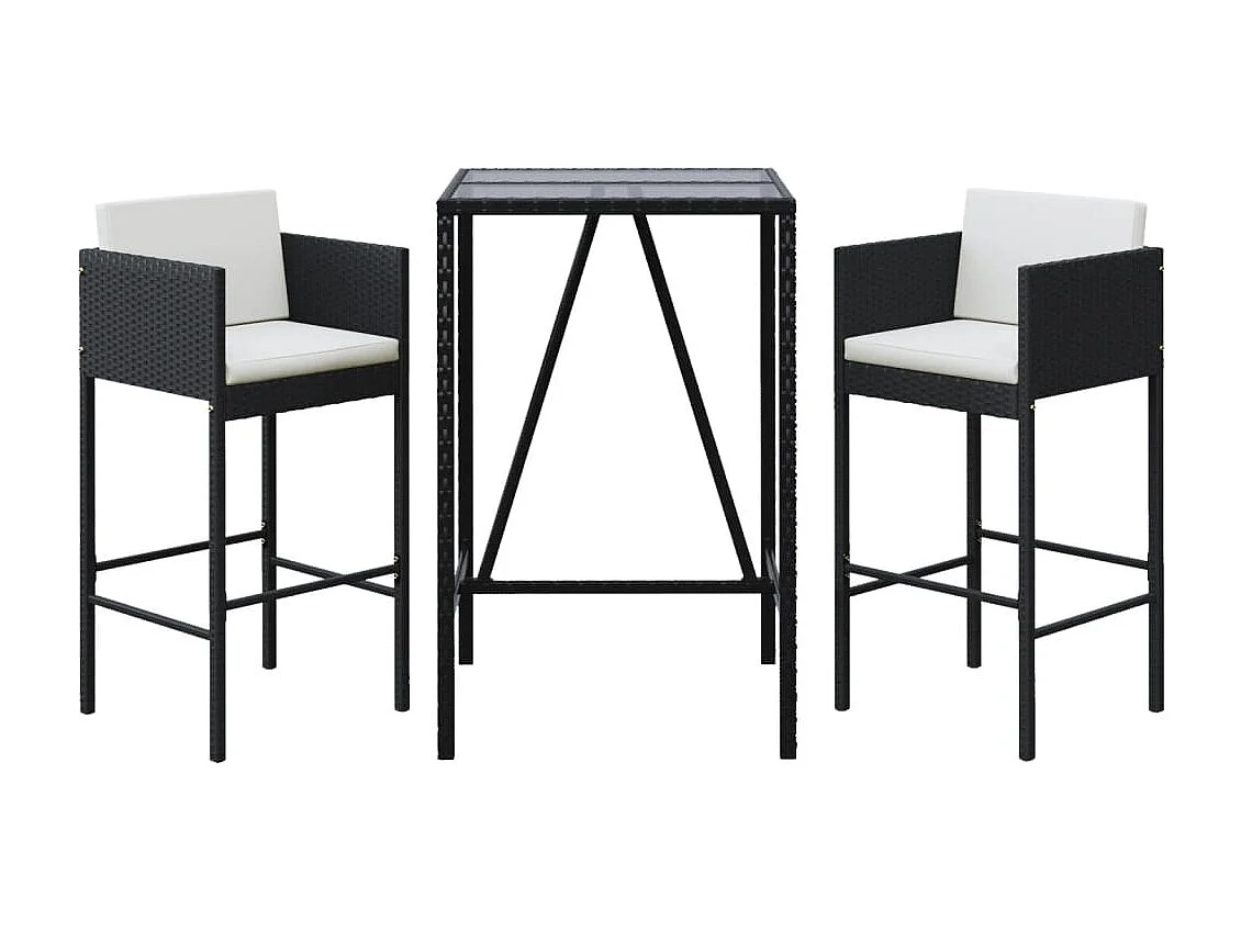 3 pcs conjunto de bar para jardim c/ almofadões vime PE preto