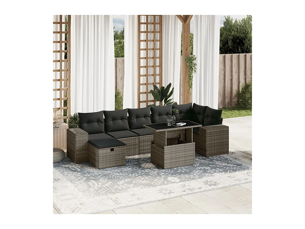 8-delige Loungeset met kussens poly rattan grijs