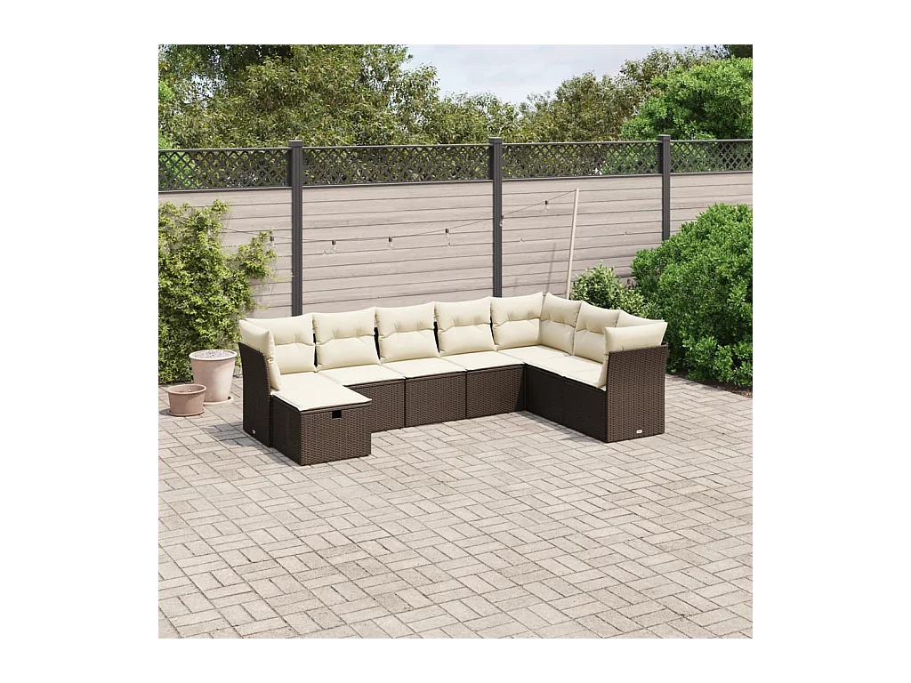 Set Divani da Giardino 8 pz con Cuscini Marrone in Polyrattan