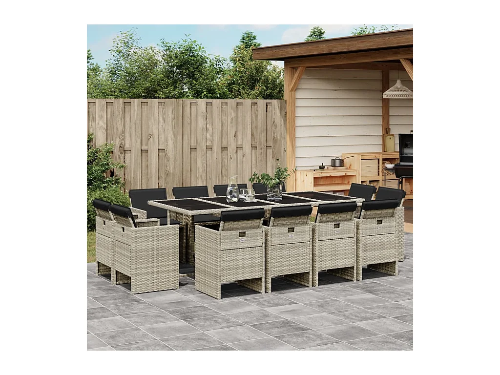 13-tlg. Garten-Essgruppe mit Kissen Hellgrau Poly Rattan