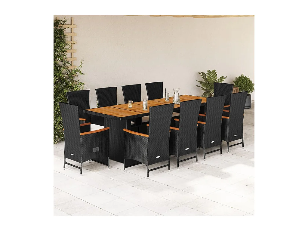 Set de comedor jardín 11 pzas con cojines ratán sintético negro