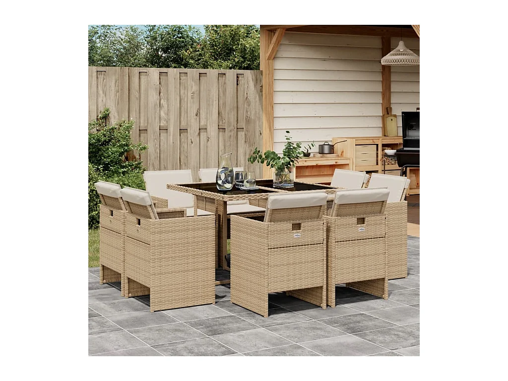 9-tlg. Garten-Essgruppe mit Kissen Beige Poly Rattan