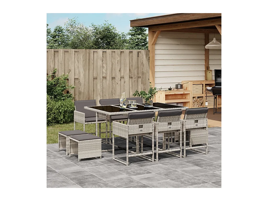 Set Pranzo Giardino 11pz con Cuscini Grigio Chiaro Polyrattan