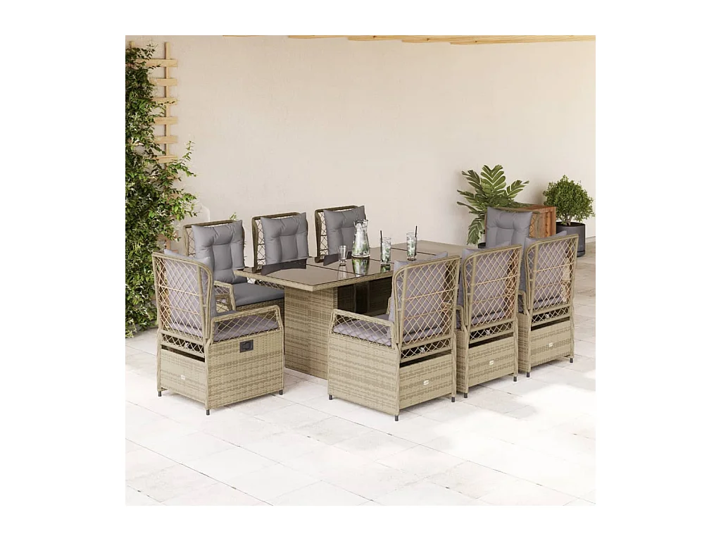 Set da Pranzo da Giardino 9 pz con Cuscini Beige in Polyrattan