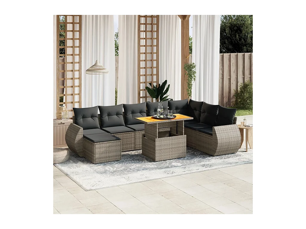 Set Divano da Giardino 9 pz con Cuscini Grigio in Polyrattan