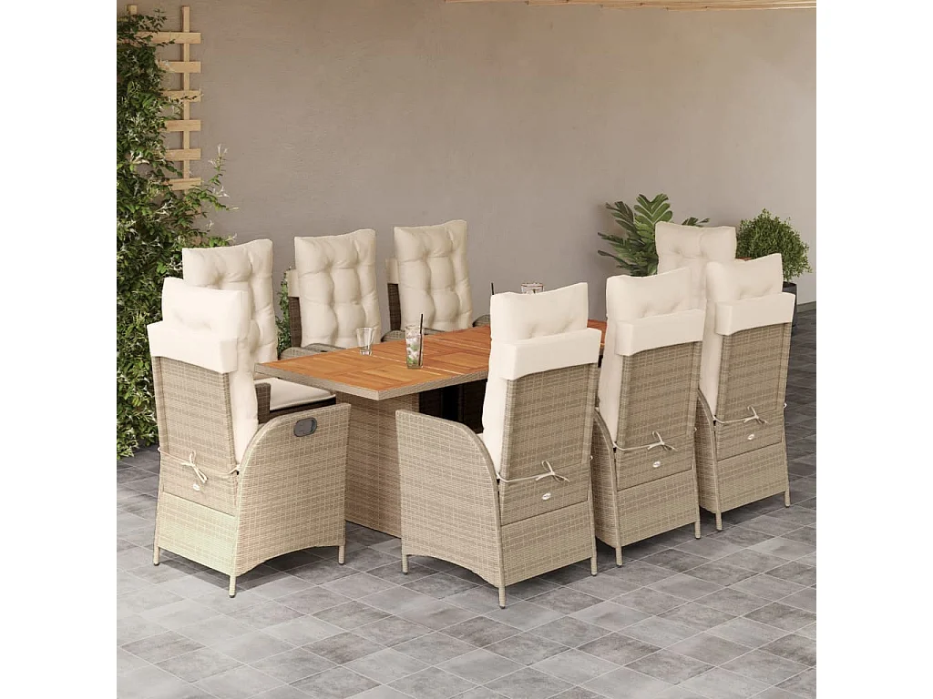 Ensemble à manger de jardin et coussins 9 pcs beige Poly rotin