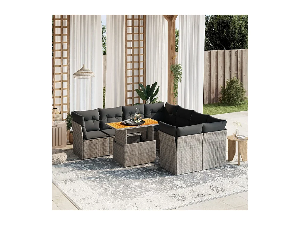 Salon de jardin 9 pcs avec coussins gris résine tressée
