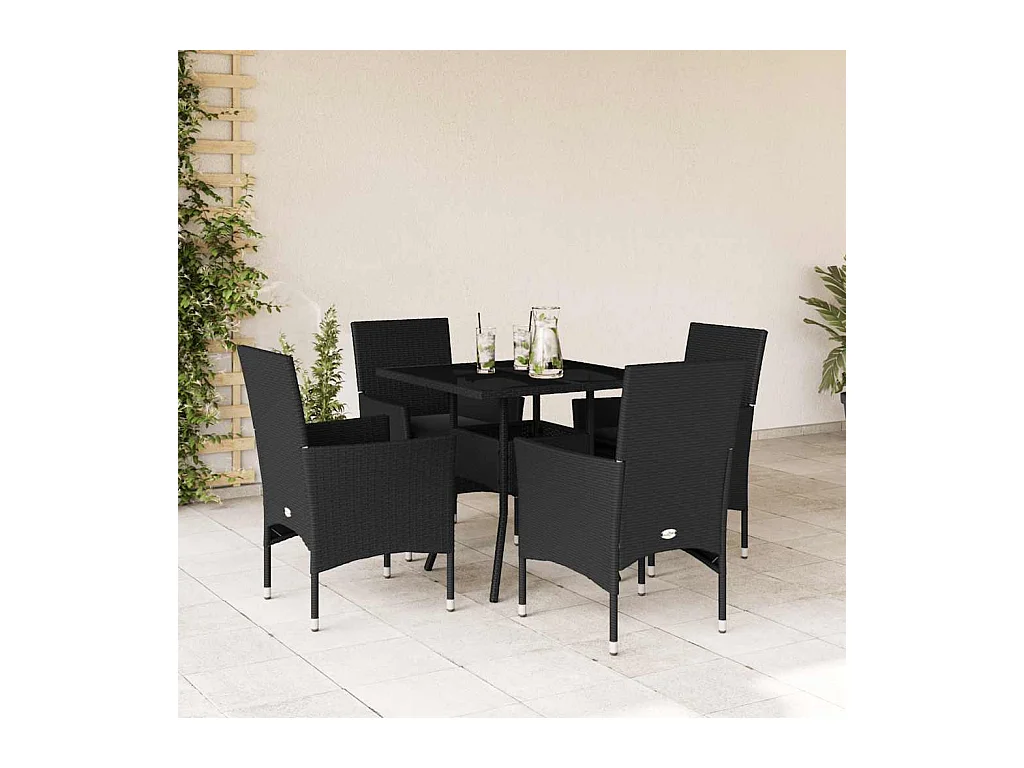 Ensemble à manger de jardin et coussins 5 pcs noir rotin verre
