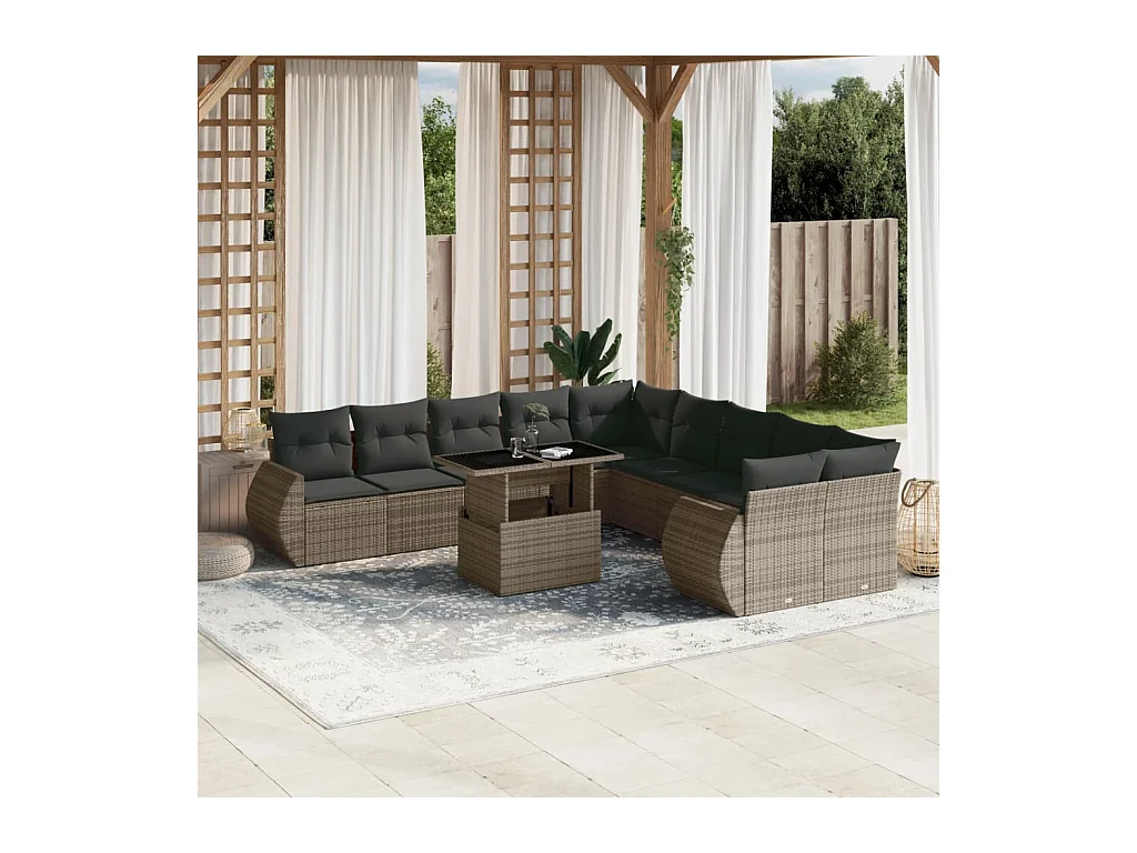 Salon de jardin 11 pcs avec coussins gris résine tressée