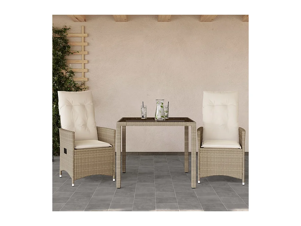 Ensemble de bistro 3 pcs avec coussins beige résine tressée