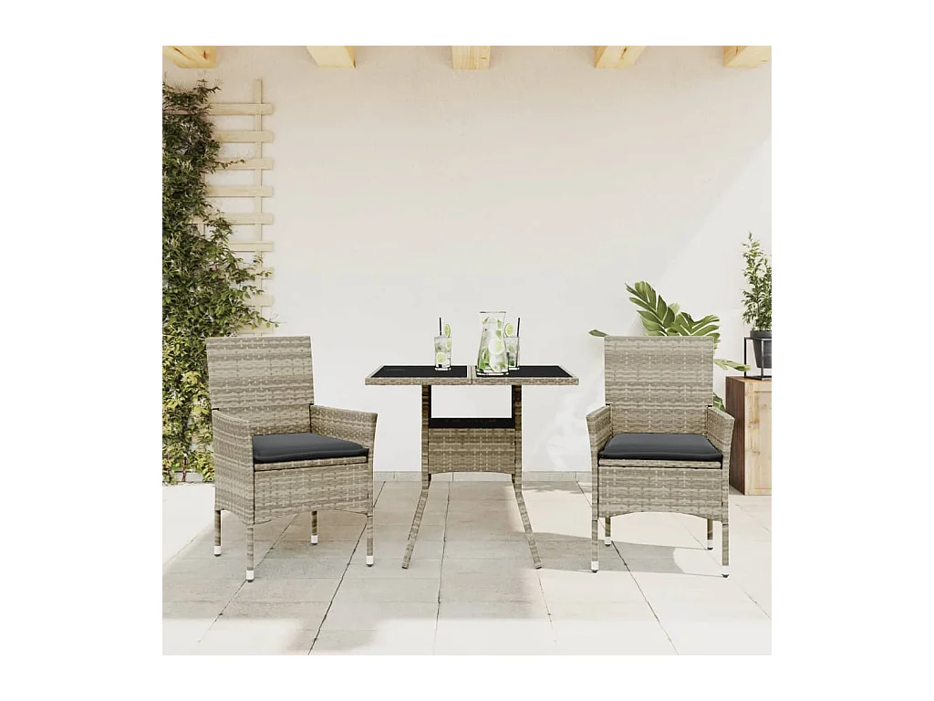 Set Pranzo da Giardino 3pz con Cuscini Polyrattan e Vetro