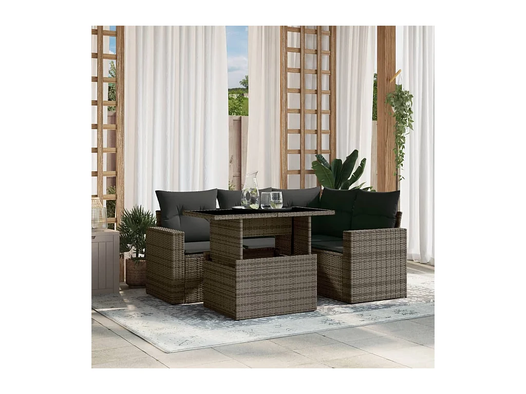 Set Divano da Giardino 5 pz con Cuscini Grigio in Polyrattan