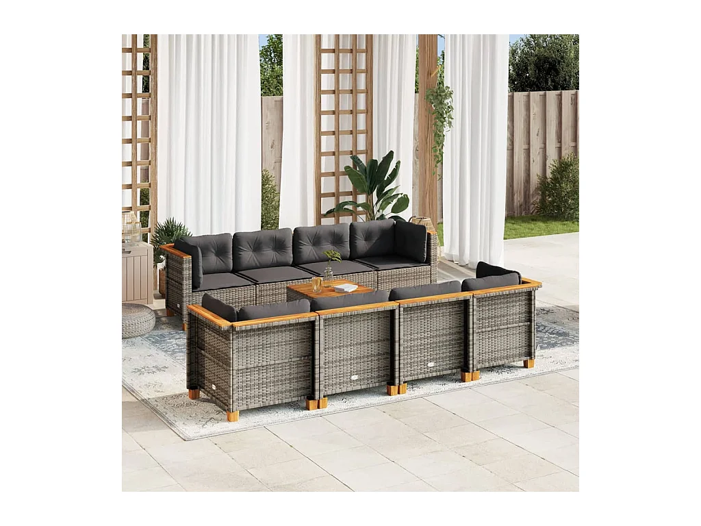 Set Divano da Giardino 9 pz con Cuscini Grigio in Polyrattan