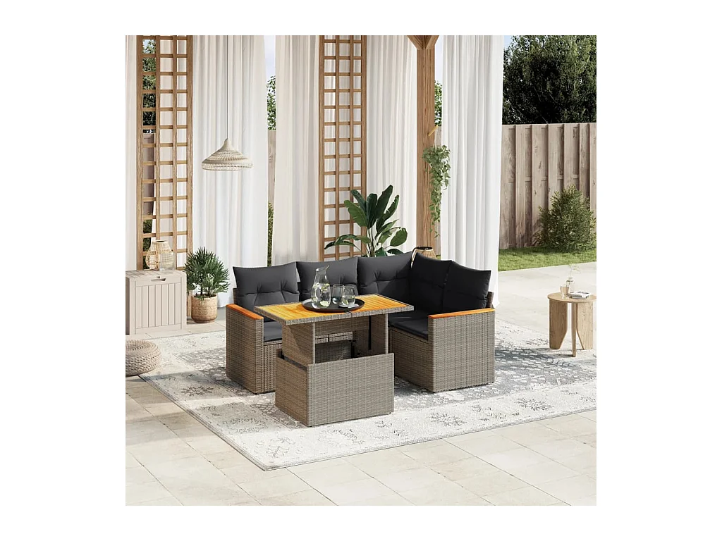 5-delige Loungeset met kussens poly rattan grijs