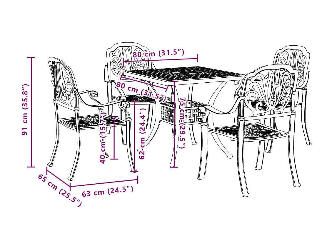 Ensemble manger de jardin 5 pcs bronze aluminium coulé