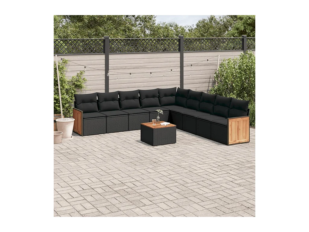 Salon de jardin 10 pcs avec coussins noir résine tressée
