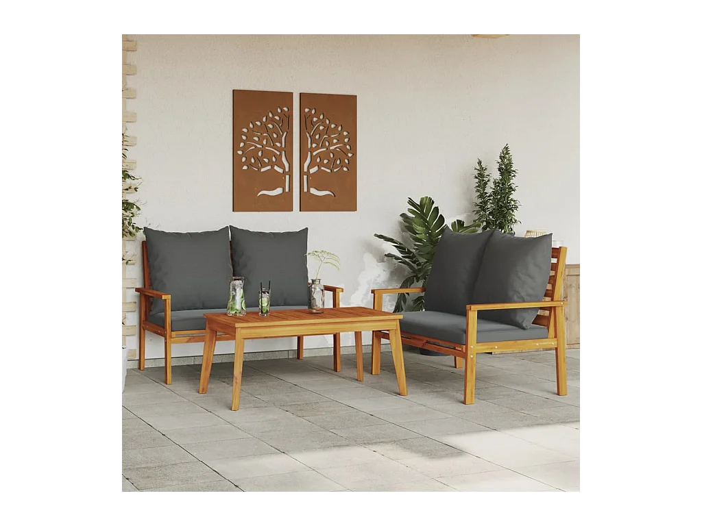 Set Mobili da Giardino 3pz con Cuscini Legno Massello di Acacia