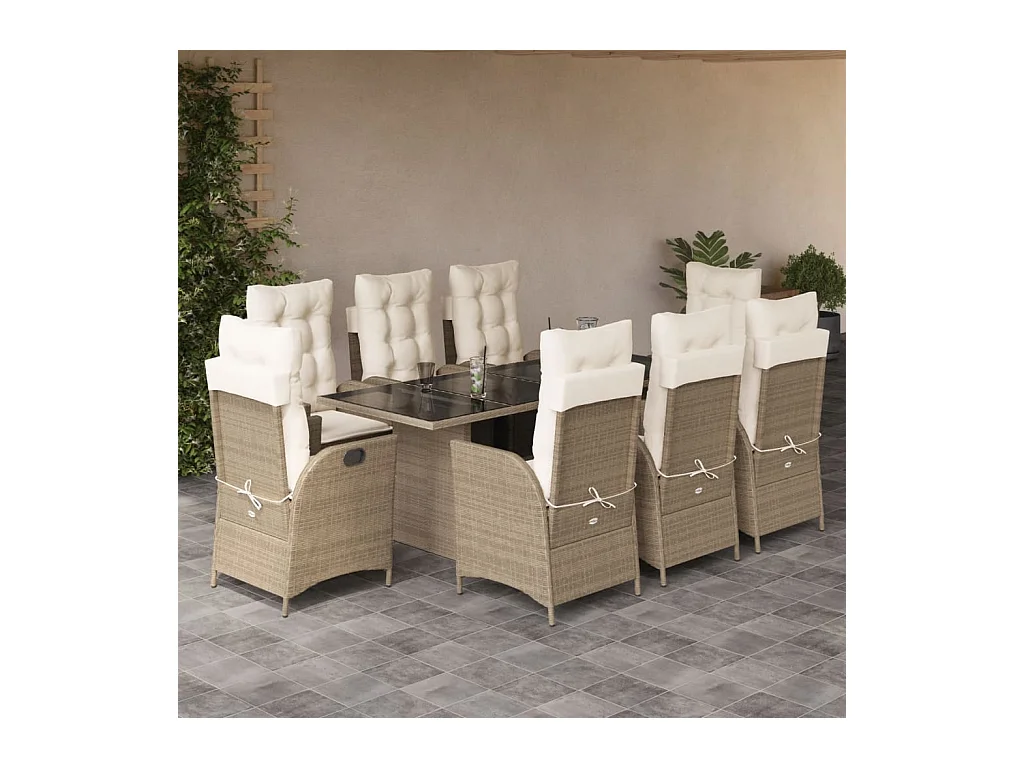 Ensemble à manger de jardin et coussins 9 pcs beige Poly rotin