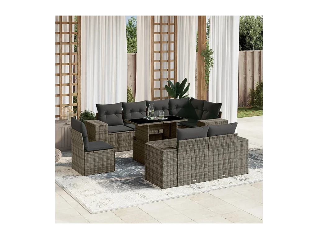 Set Divano da Giardino 9 pz con Cuscini Grigio in Polyrattan
