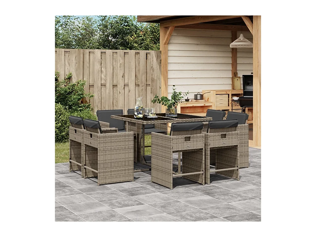 9-tlg. Garten-Essgruppe mit Kissen Grau Poly Rattan