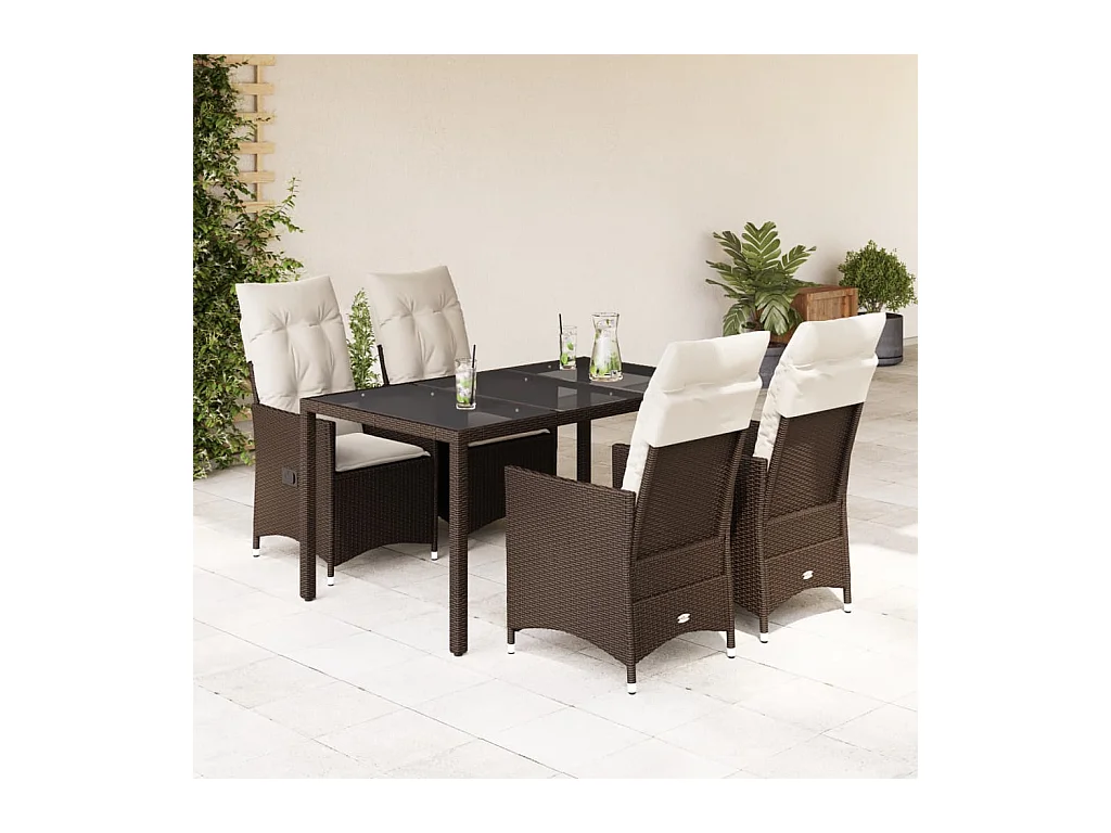 Ensemble à manger de jardin 5 pcs et coussins marron poly rotin