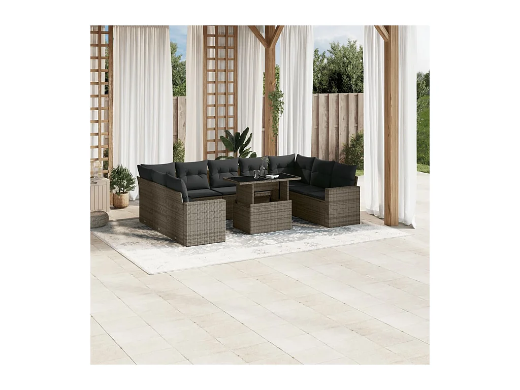 Salon de jardin avec coussins 10 pcs gris résine tressée