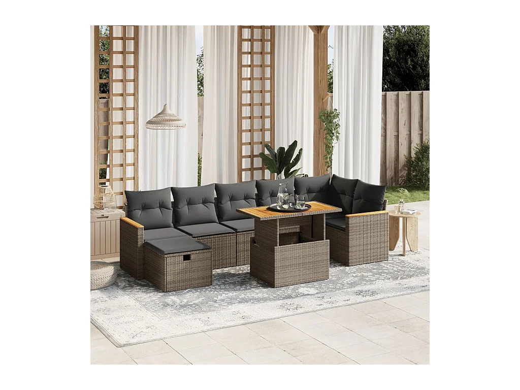 8-delige Loungeset met kussens poly rattan grijs