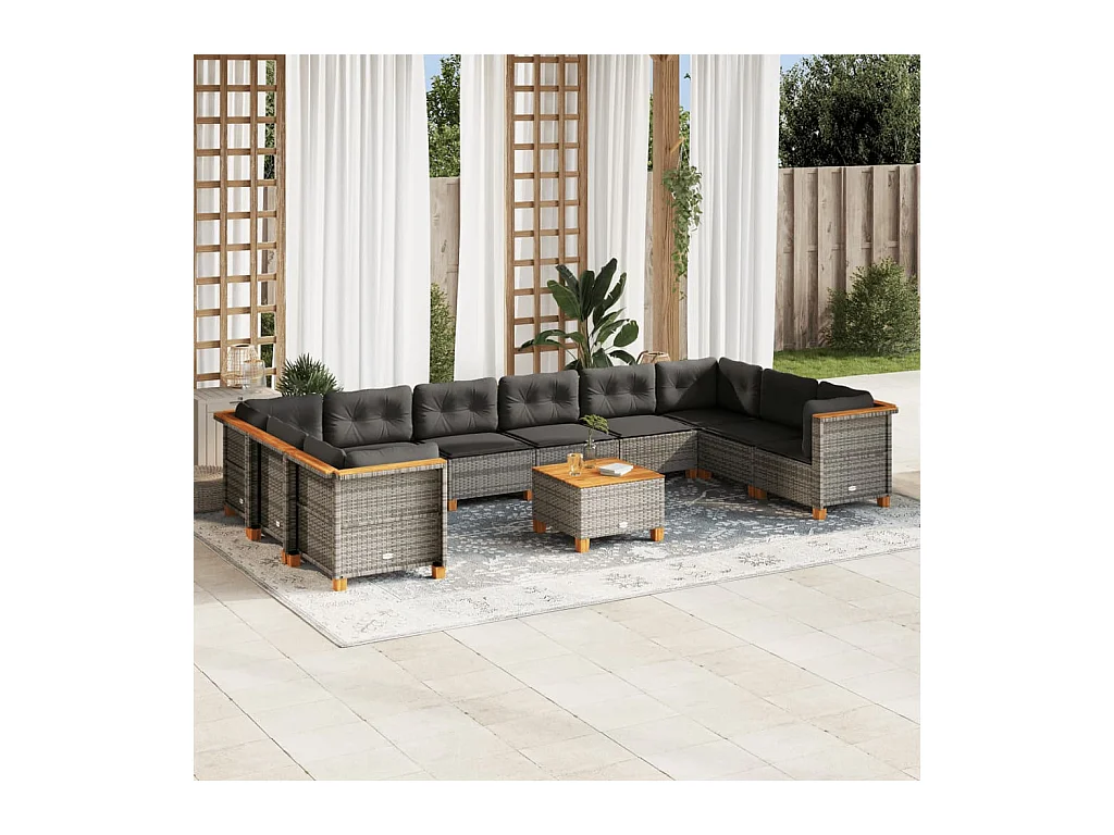 11-tlg. Garten-Sofagarnitur mit Kissen Grau Poly Rattan