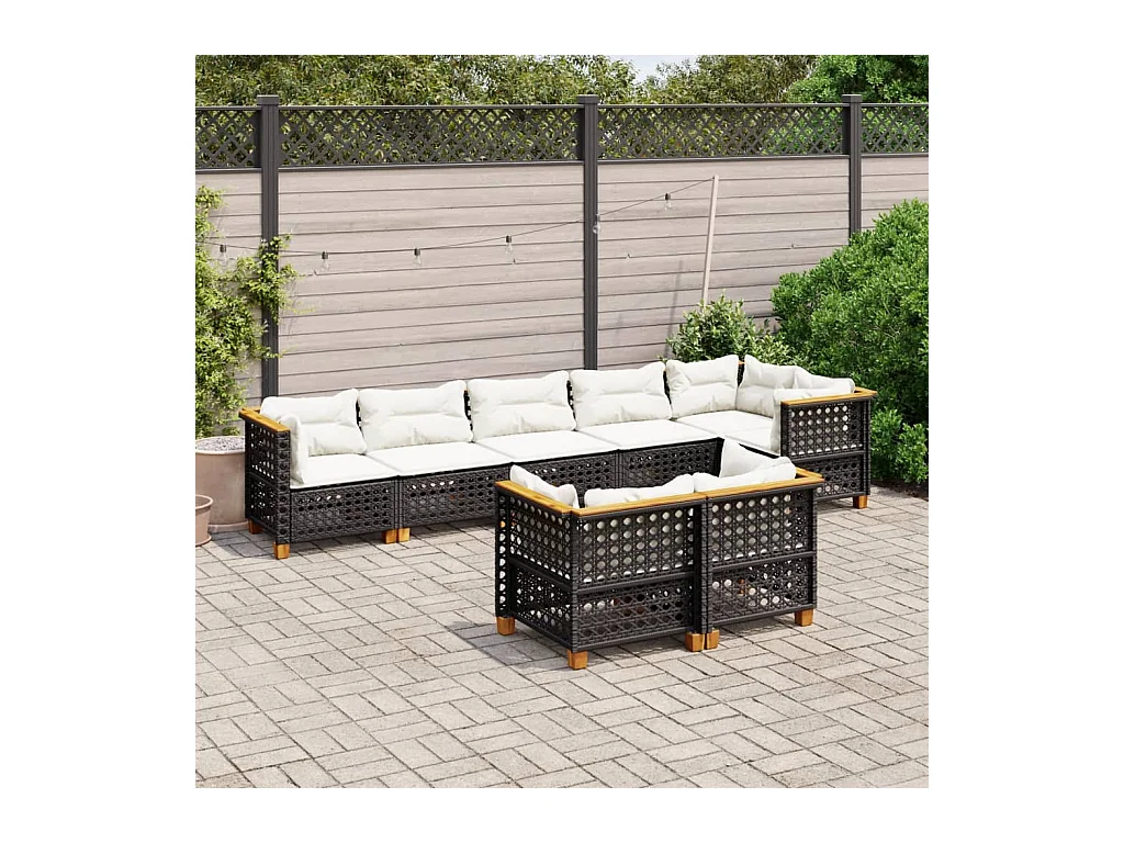 8-delige Loungeset met kussens poly rattan zwart