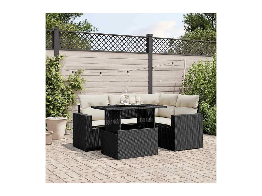Salon de jardin 5 pcs avec coussins noir résine tressée