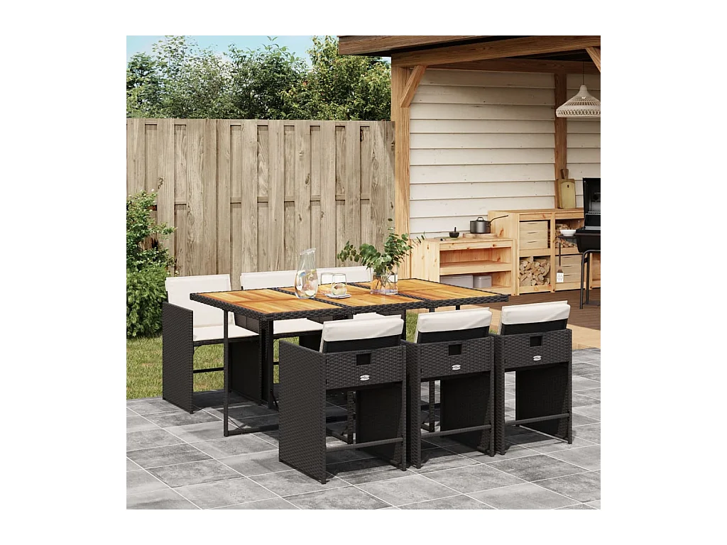 Ensemble à manger de jardin coussins 7pcs Noir Résine tressée