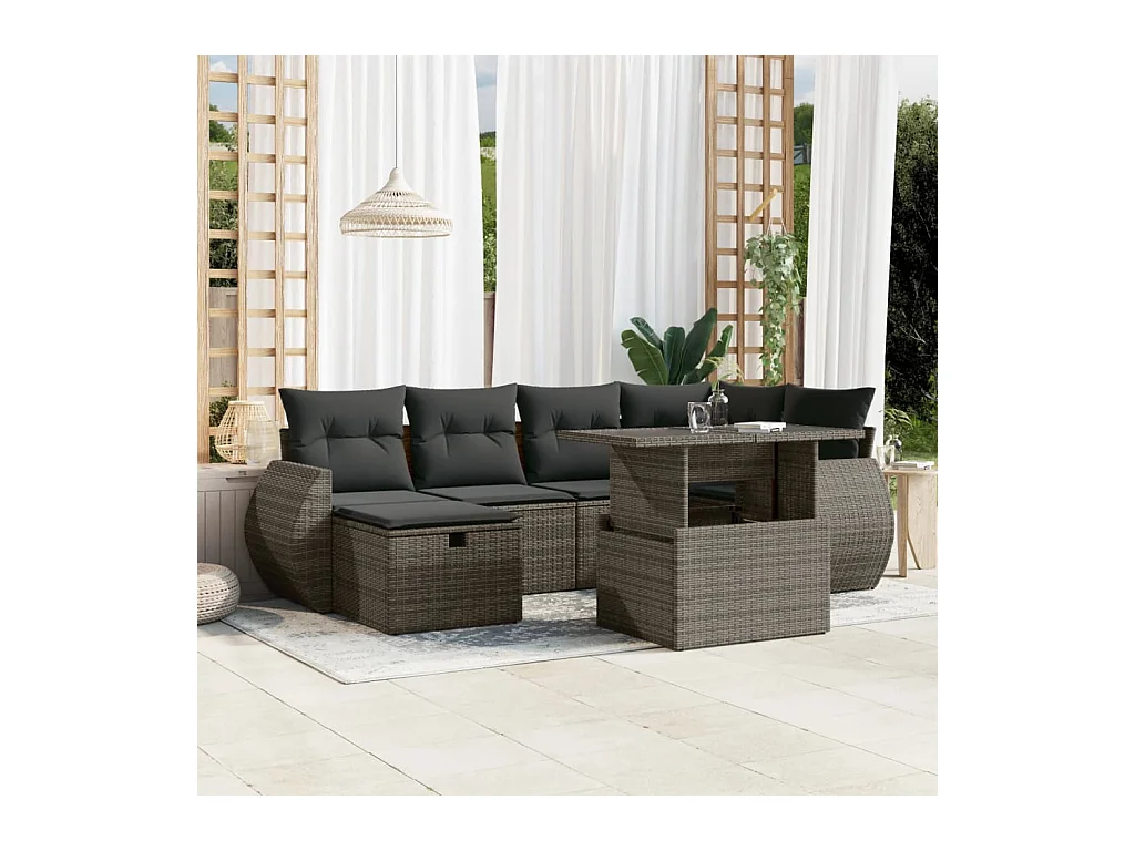 Salon de jardin avec coussins 7 pcs gris résine tressée