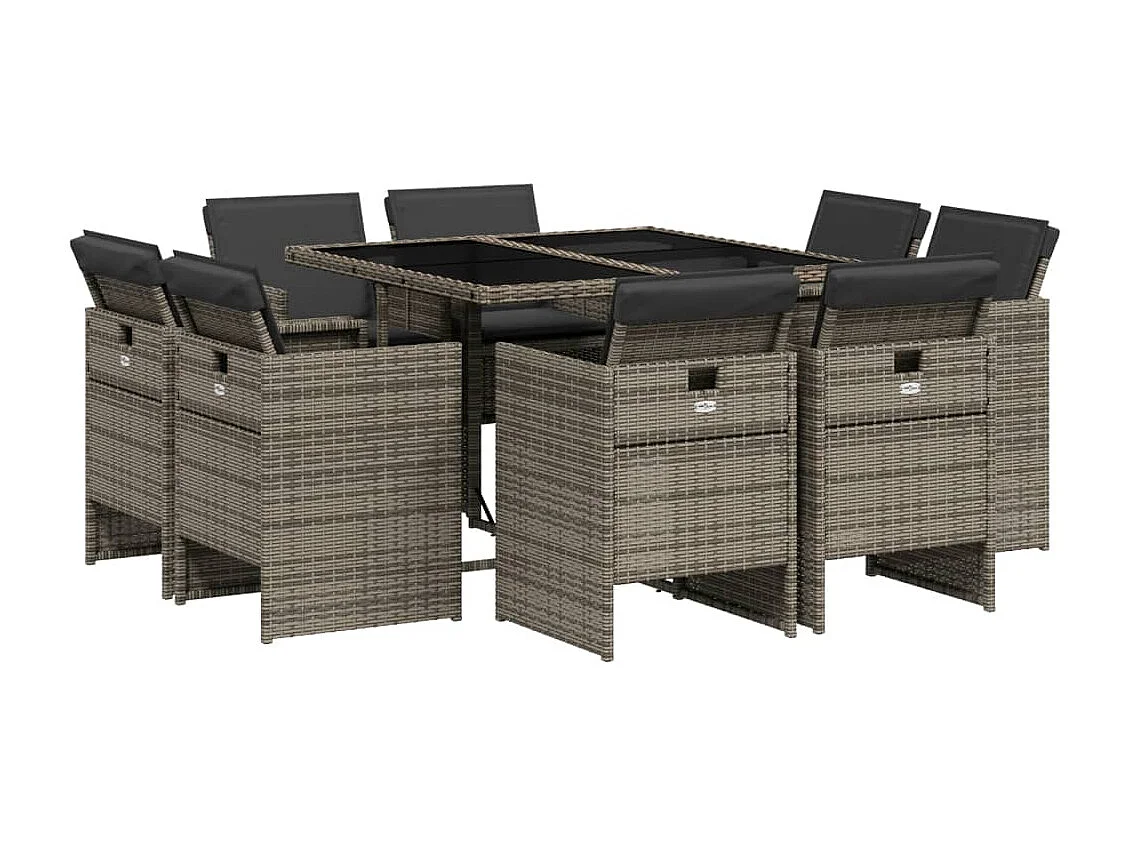 Ensemble à manger de jardin 9 pcs coussins gris résine tressée