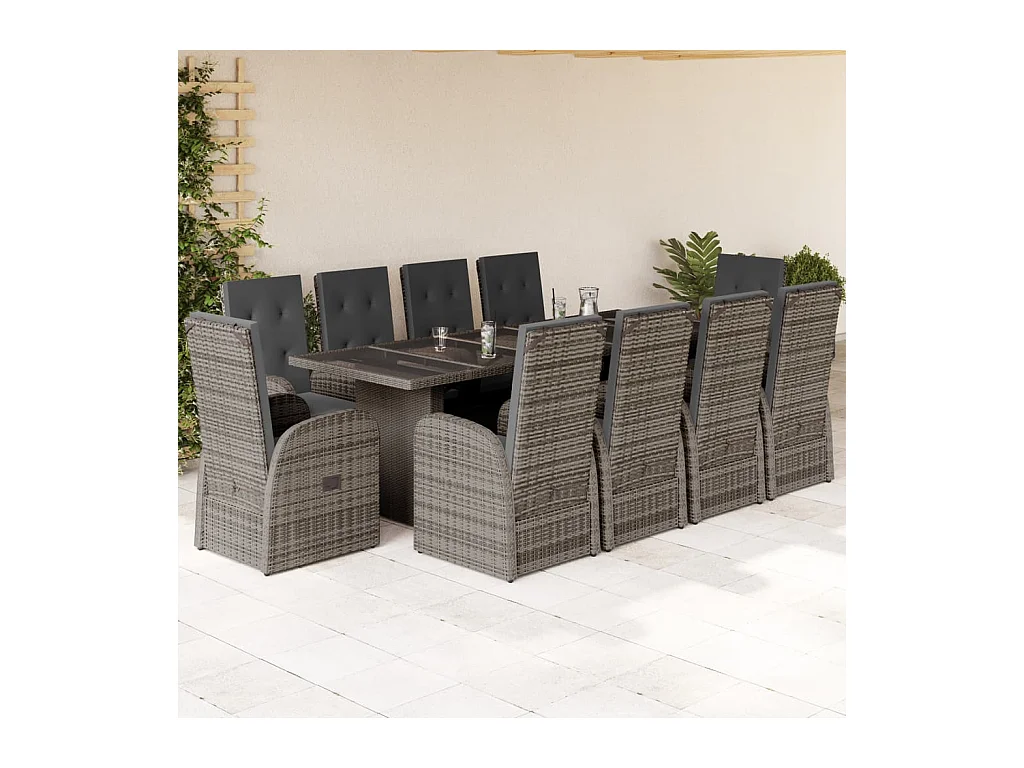 Set da Pranzo da Giardino 11pz con Cuscini in Polyrattan Grigio