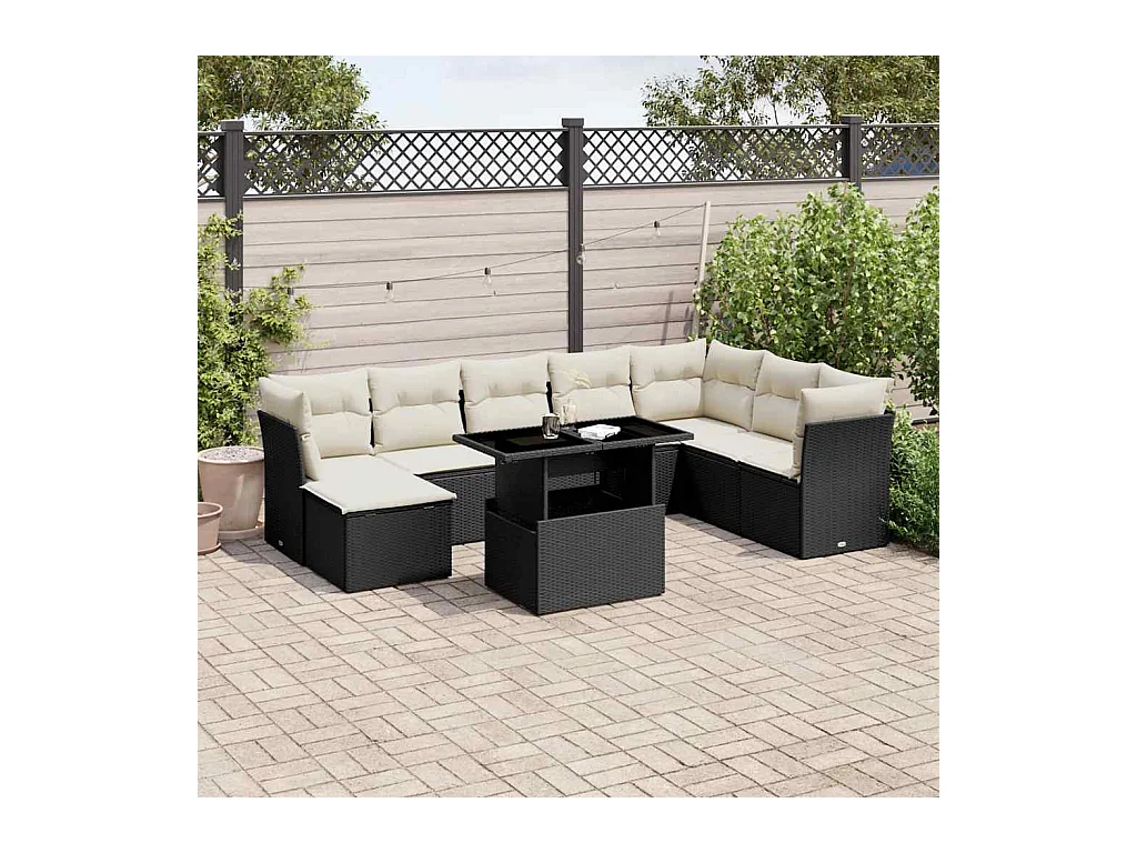 9-delige Loungeset met kussens poly rattan zwart