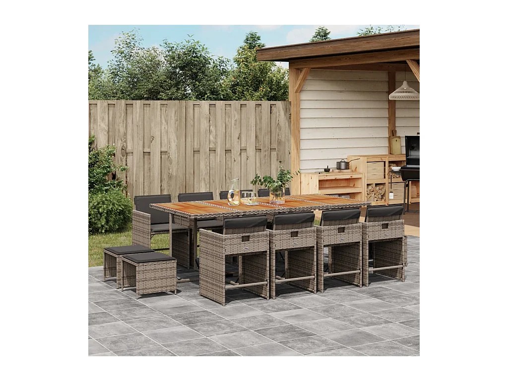 Ensemble à manger de jardin coussins 13 pcs gris résine tressée