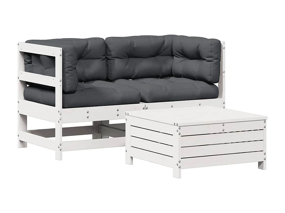 3-tlg. Garten-Lounge-Set mit Kissen Weiß Massivholz Kiefer