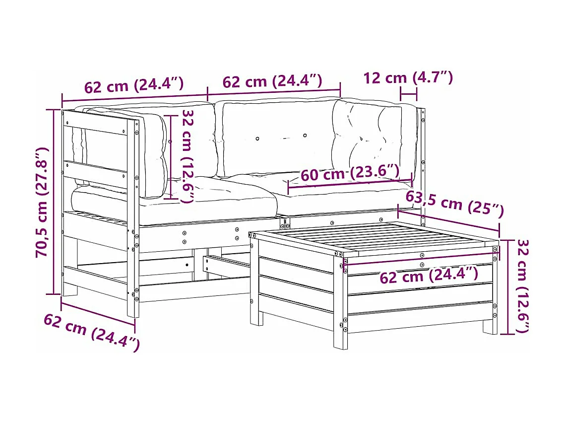 3-tlg. Garten-Lounge-Set mit Kissen Weiß Massivholz Kiefer