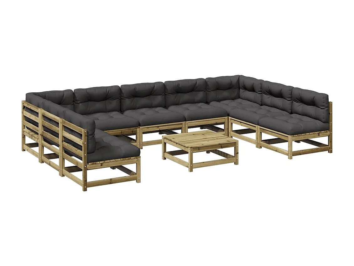 Salon de jardin avec coussins 10 pcs bois de pin imprégné