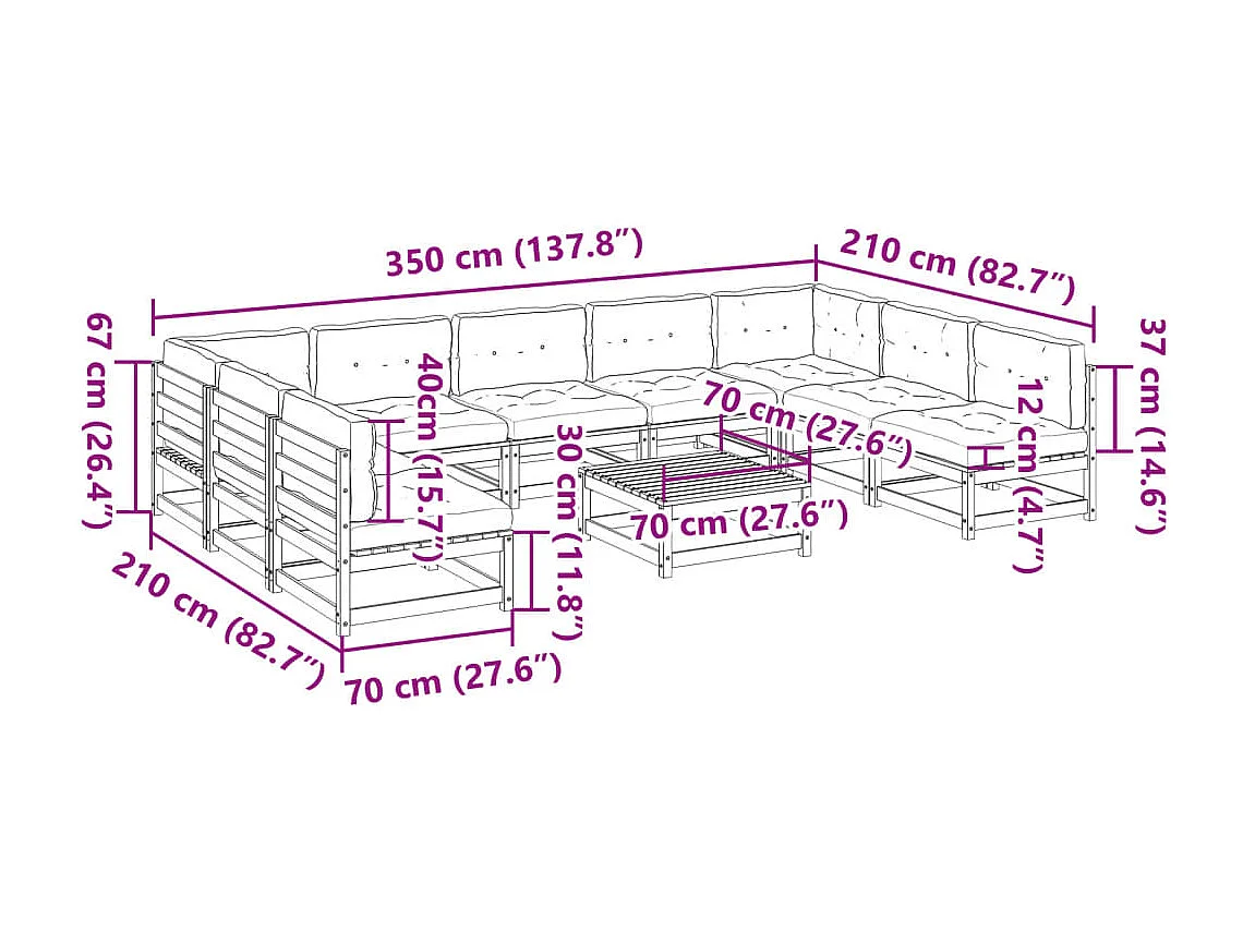 Salon de jardin avec coussins 10 pcs bois de pin imprégné