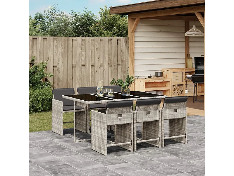 7-tlg. Garten-Essgruppe mit Kissen Hellgrau Poly Rattan