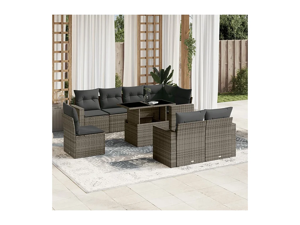 Salon de jardin 9 pcs avec coussins gris résine tressée