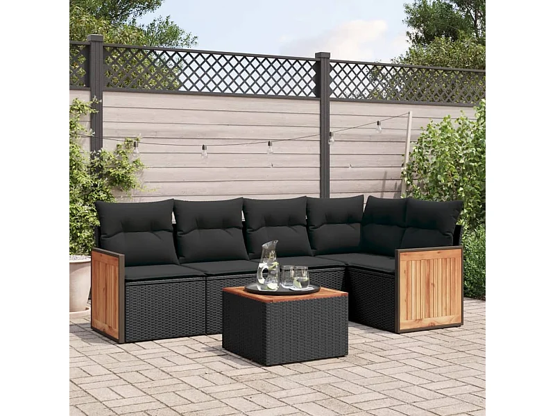 Set Divano da Giardino 6 pz con Cuscini Nero in Polyrattan