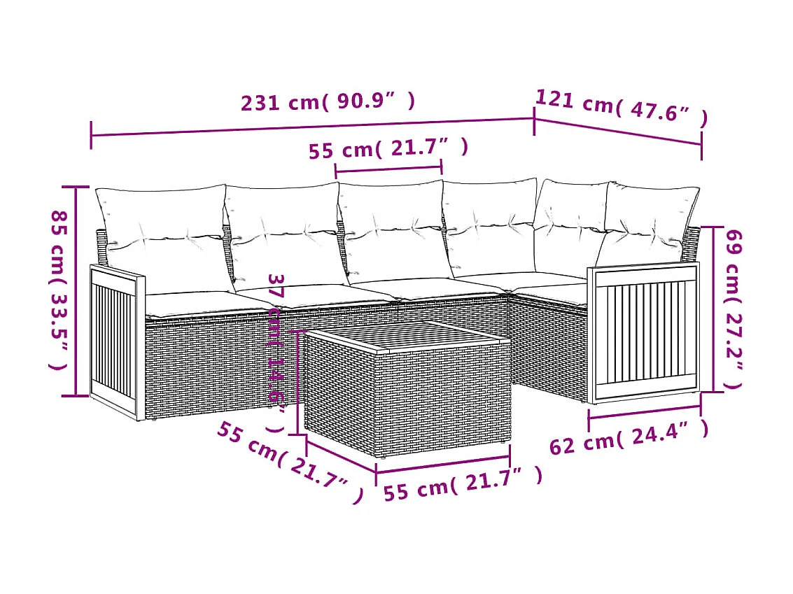 Set Divano da Giardino 6 pz con Cuscini Nero in Polyrattan
