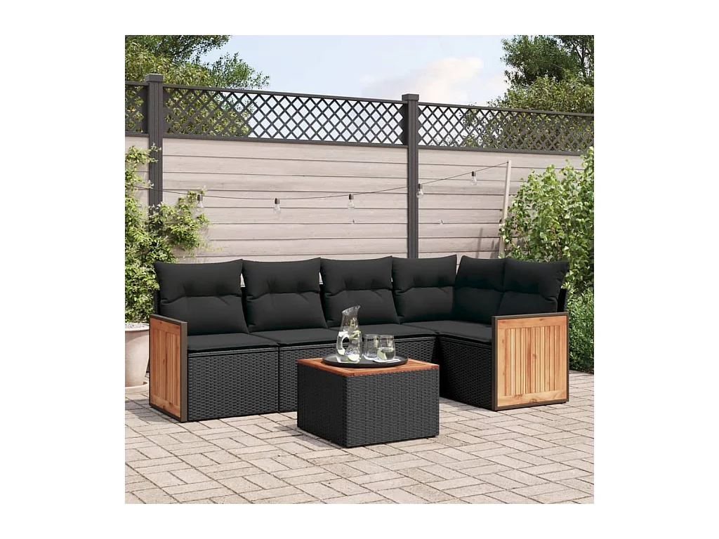 6-tlg. Garten-Sofagarnitur mit Kissen Schwarz Poly Rattan