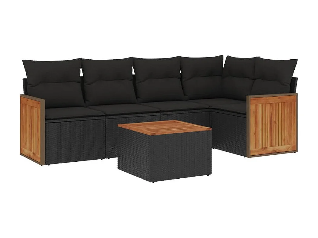 Salon de jardin 6 pcs avec coussins noir résine tressée