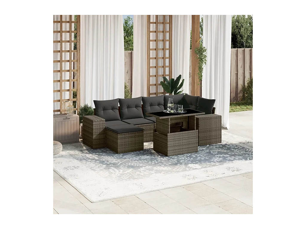Salon de jardin avec coussins 7 pcs gris résine tressée