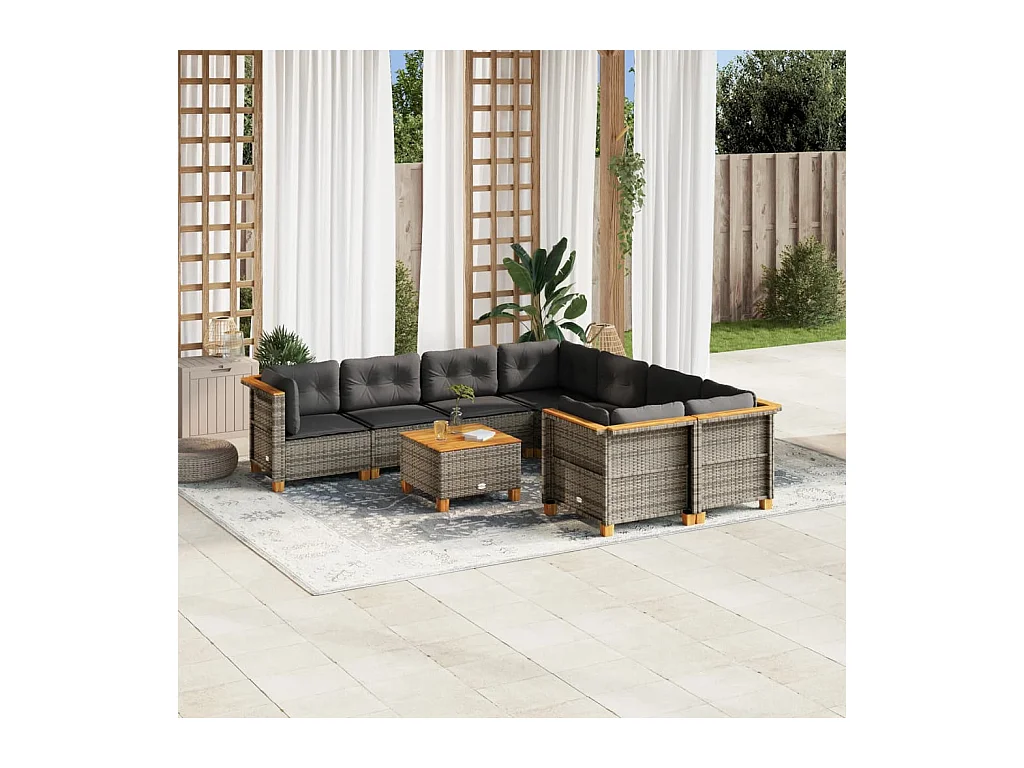 Salon de jardin 9 pcs avec coussins gris résine tressée