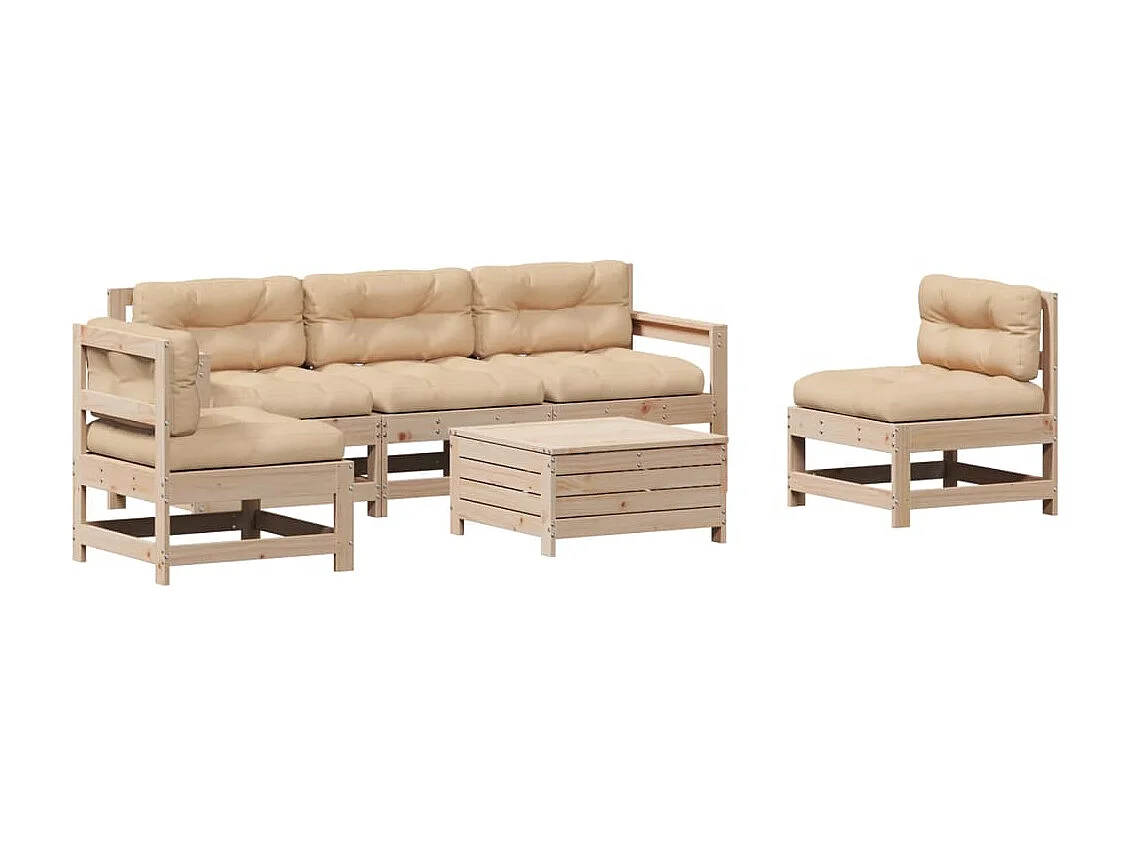 Juego de muebles de jardín 6 pzas y cojines madera maciza pino